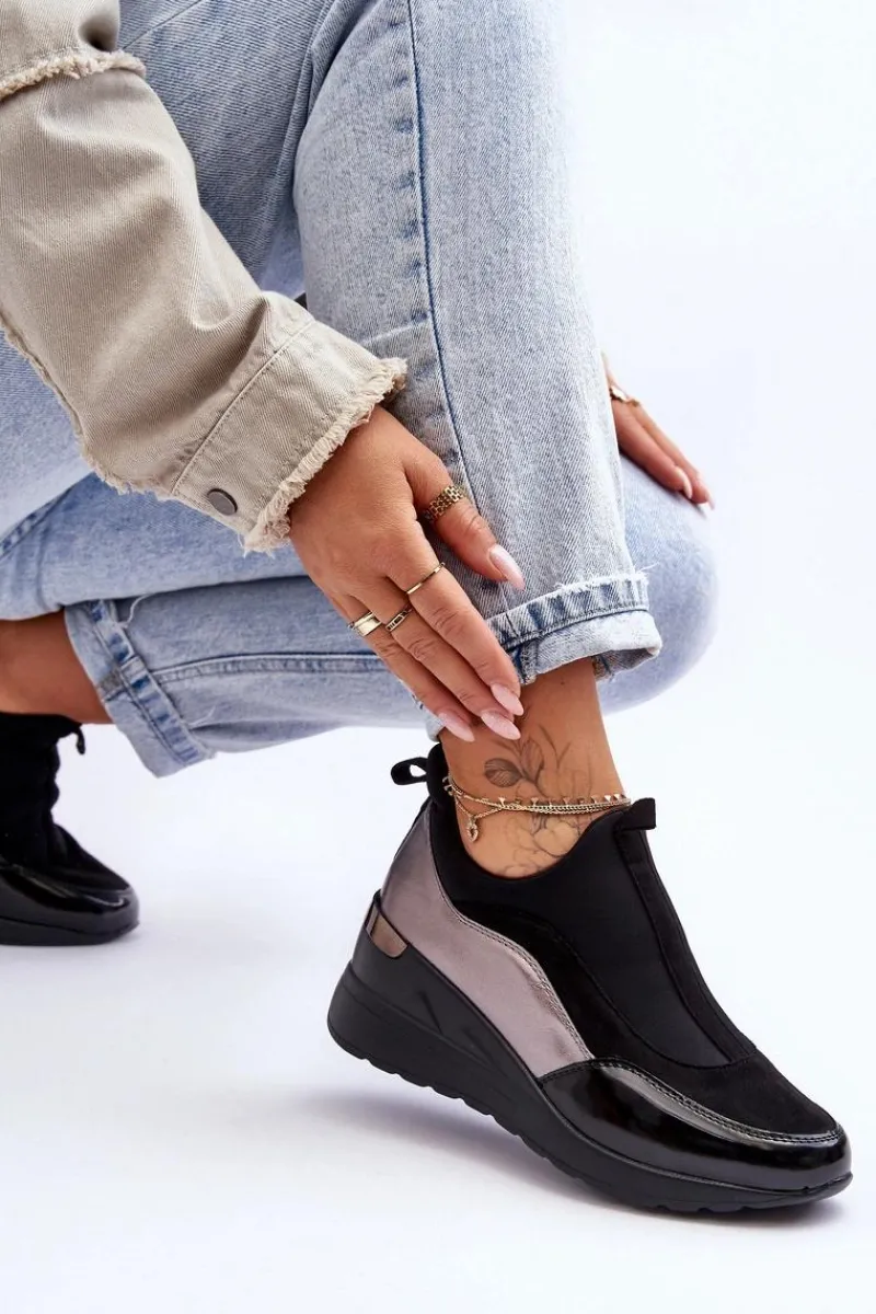 Evento Damskie Wsuwane Buty Sportowe Na Koturnie Czarno-Srebrne Farro