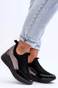 Evento Damskie Wsuwane Buty Sportowe Na Koturnie Czarno-Srebrne Farro