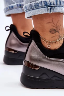 Evento Damskie Wsuwane Buty Sportowe Na Koturnie Czarno-Srebrne Farro