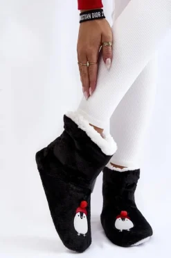 Kapcie Klasyczne>Aura.via Damskie Wsuwane Ocieplane Papcie Z Pingwinami Czarne