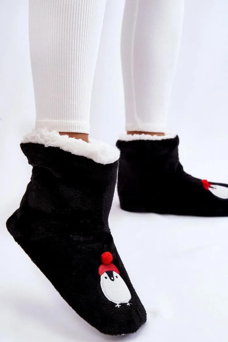 Kapcie Klasyczne>Aura.via Damskie Wsuwane Ocieplane Papcie Z Pingwinami Czarne