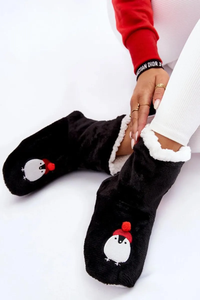 Kapcie Klasyczne>Aura.via Damskie Wsuwane Ocieplane Papcie Z Pingwinami Czarne