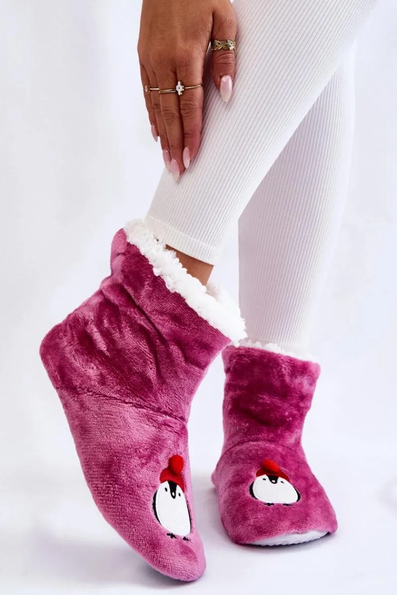 Damskie Wsuwane Ocieplane Papcie Z Pingwinami Fioletowe Damskie Kapcie Klasyczne