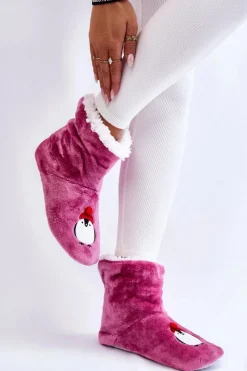 Damskie Wsuwane Ocieplane Papcie Z Pingwinami Fioletowe Damskie Kapcie Klasyczne