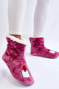 Damskie Wsuwane Ocieplane Papcie Z Pingwinami Fioletowe Damskie Kapcie Klasyczne