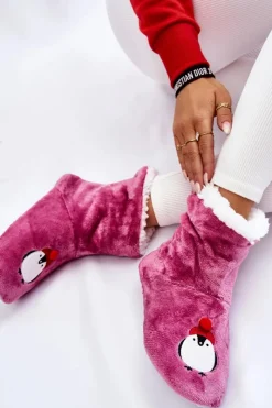 Damskie Wsuwane Ocieplane Papcie Z Pingwinami Fioletowe Damskie Kapcie Klasyczne