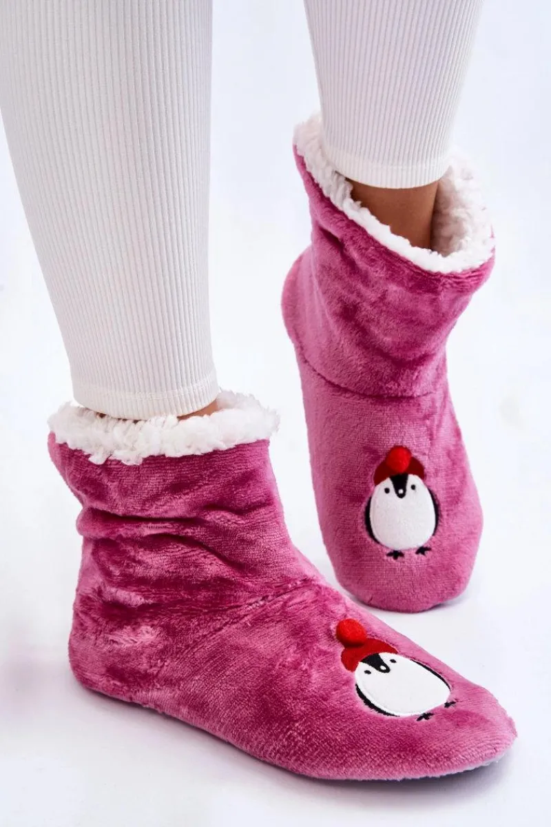 Damskie Wsuwane Ocieplane Papcie Z Pingwinami Fioletowe Damskie Kapcie Klasyczne