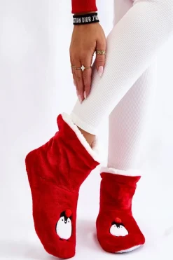 Kapcie Klasyczne>Aura.via Damskie Wsuwane Ocieplane Papcie Z Pingwinami Czerwone