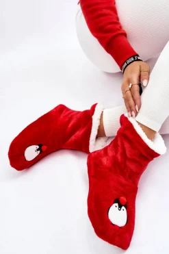 Kapcie Klasyczne>Aura.via Damskie Wsuwane Ocieplane Papcie Z Pingwinami Czerwone