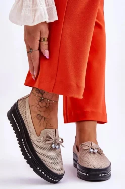 Online Damskie buty S.Barski Damskie Wsuwane Skórzane Trampki Błyszczące Złote Raven