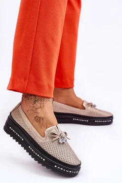 Online Damskie buty S.Barski Damskie Wsuwane Skórzane Trampki Błyszczące Złote Raven