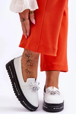 Trampki Damskie Slip-On|Trampki Damskie Niskie>Damskie buty S.Barski Damskie Wsuwane Skórzane Trampki Białe Raven