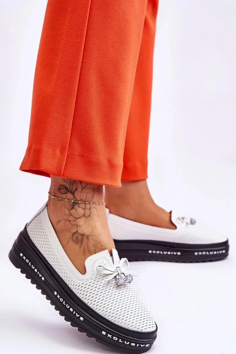 Trampki Damskie Slip-On|Trampki Damskie Niskie>Damskie buty S.Barski Damskie Wsuwane Skórzane Trampki Białe Raven