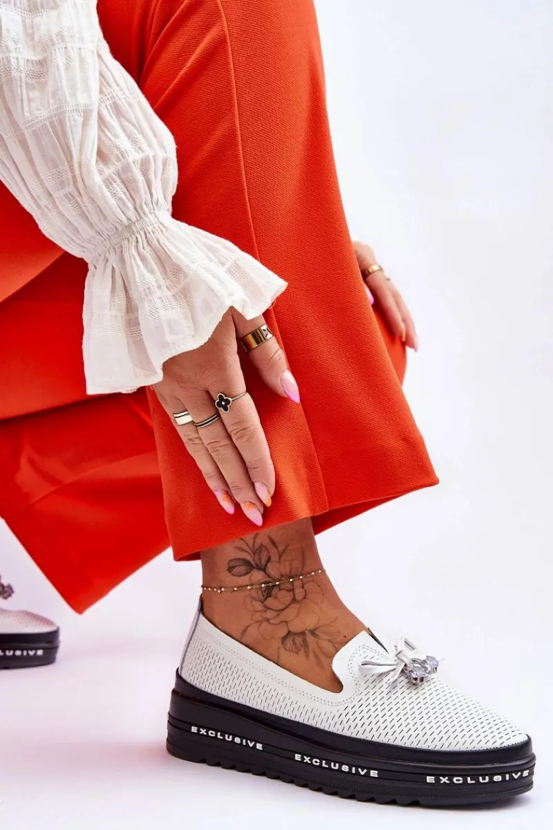 Trampki Damskie Slip-On|Trampki Damskie Niskie>Damskie buty S.Barski Damskie Wsuwane Skórzane Trampki Białe Raven