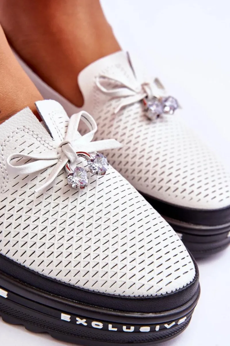 Trampki Damskie Slip-On|Trampki Damskie Niskie>Damskie buty S.Barski Damskie Wsuwane Skórzane Trampki Białe Raven