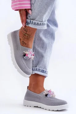 Sale Boto Damskie Wsuwane Tenisówki Z Kamieniami Szare Simple