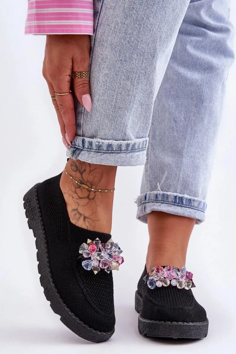 Sale Damskie Wsuwane Tenisówki Z Kamieniami Czarne Simple Damskie Trampki Damskie Slip-On|Trampki Damskie Niskie