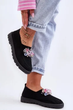 Sale Damskie Wsuwane Tenisówki Z Kamieniami Czarne Simple Damskie Trampki Damskie Slip-On|Trampki Damskie Niskie