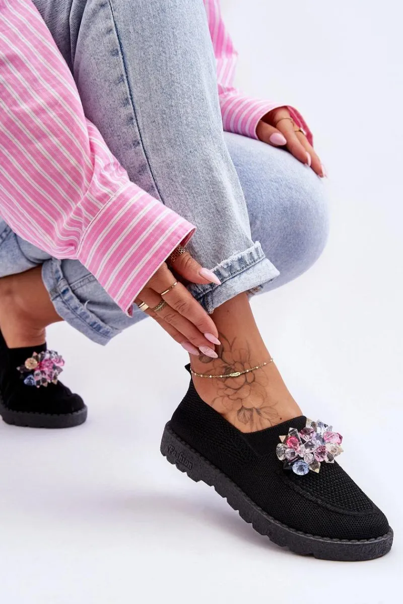 Sale Damskie Wsuwane Tenisówki Z Kamieniami Czarne Simple Damskie Trampki Damskie Slip-On|Trampki Damskie Niskie
