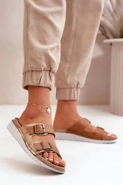 Klapki Damskie Klasyczne>INBLU Damskie Wygodne Klapki Z Klamrami CN000033 Brązowe Brązowy