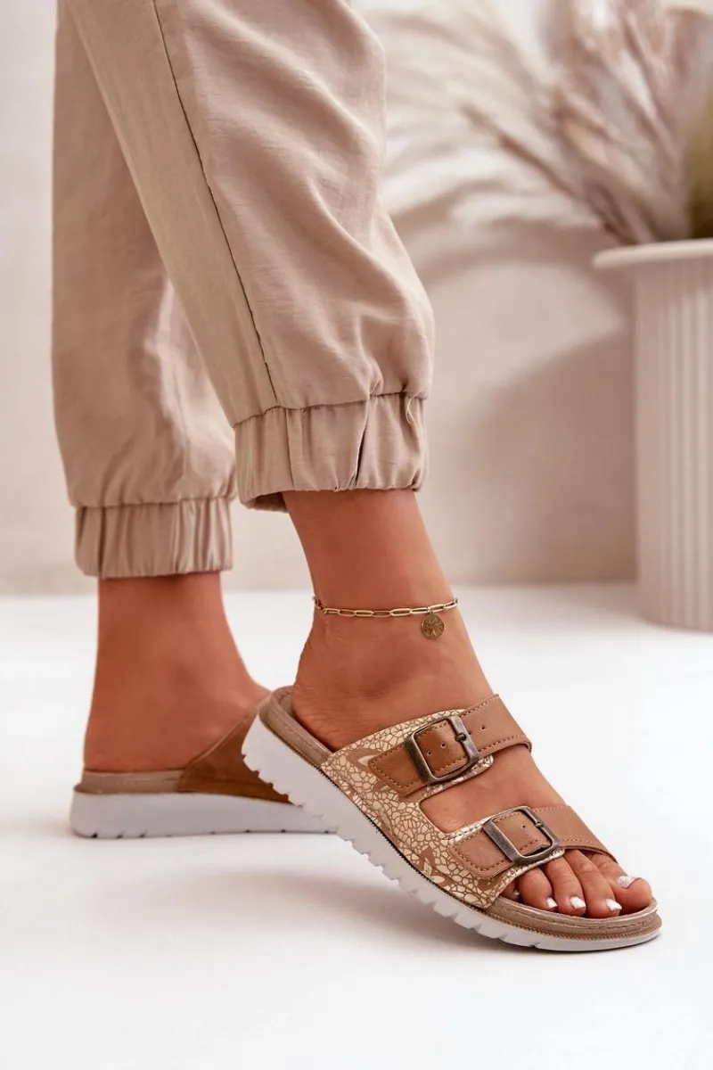 Klapki Damskie Klasyczne>INBLU Damskie Wygodne Klapki Z Klamrami CN000033 Brązowe Brązowy