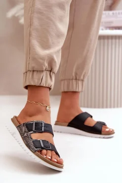 Online Damskie Wygodne Klapki Z Klamrami CN000033 Czarne Damskie Klapki Damskie Klasyczne