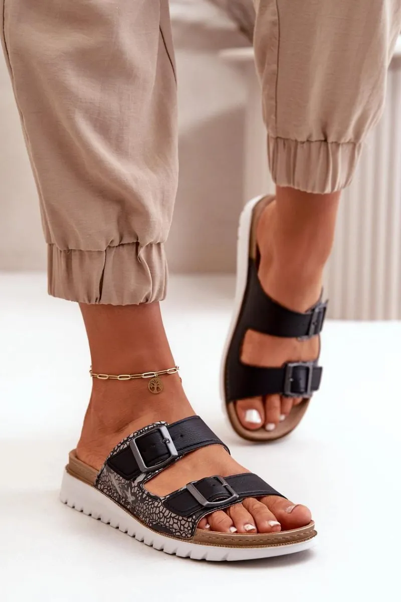 Online Damskie Wygodne Klapki Z Klamrami CN000033 Czarne Damskie Klapki Damskie Klasyczne