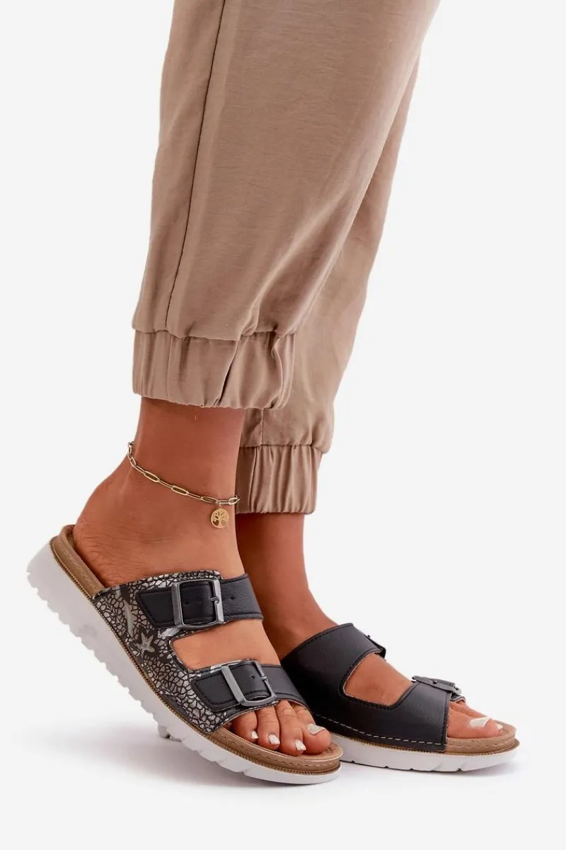 Online Damskie Wygodne Klapki Z Klamrami CN000033 Czarne Damskie Klapki Damskie Klasyczne