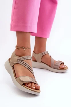 Hot Damskie Wygodne Sandały Na Rzep Beżowe Eladora Damskie Sandały Płaskie