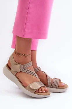 Hot Damskie Wygodne Sandały Na Rzep Beżowe Eladora Damskie Sandały Płaskie