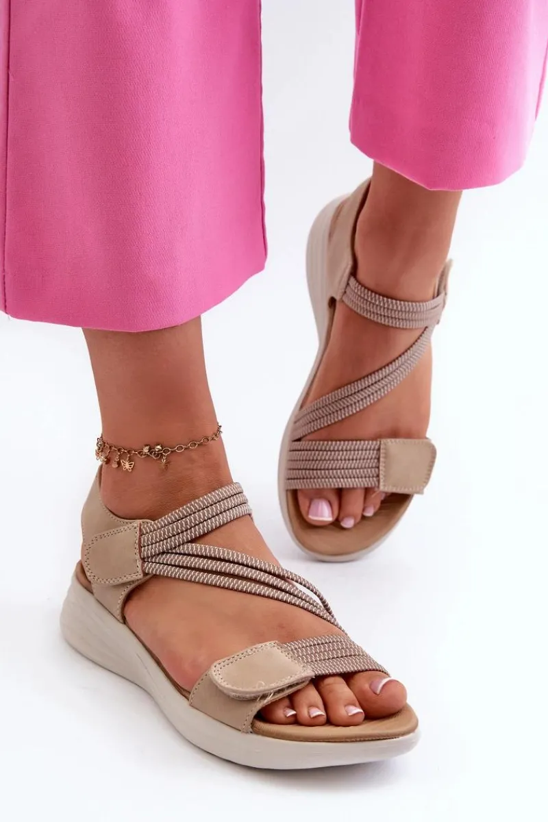 Hot Damskie Wygodne Sandały Na Rzep Beżowe Eladora Damskie Sandały Płaskie