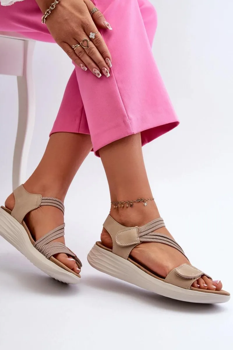 Hot Damskie Wygodne Sandały Na Rzep Beżowe Eladora Damskie Sandały Płaskie