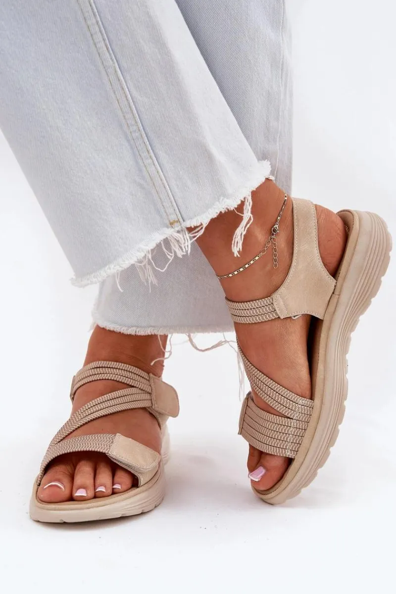 Evento Damskie Wygodne Sandały Na Rzep Beżowe Hallriva