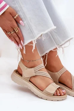 Evento Damskie Wygodne Sandały Na Rzep Beżowe Hallriva