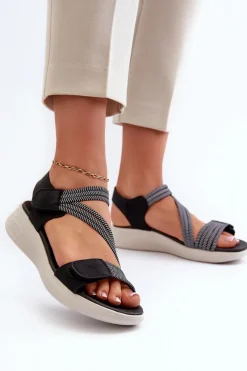 Sandały Płaskie>Evento Damskie Wygodne Sandały Na Rzep Czarne Eladora