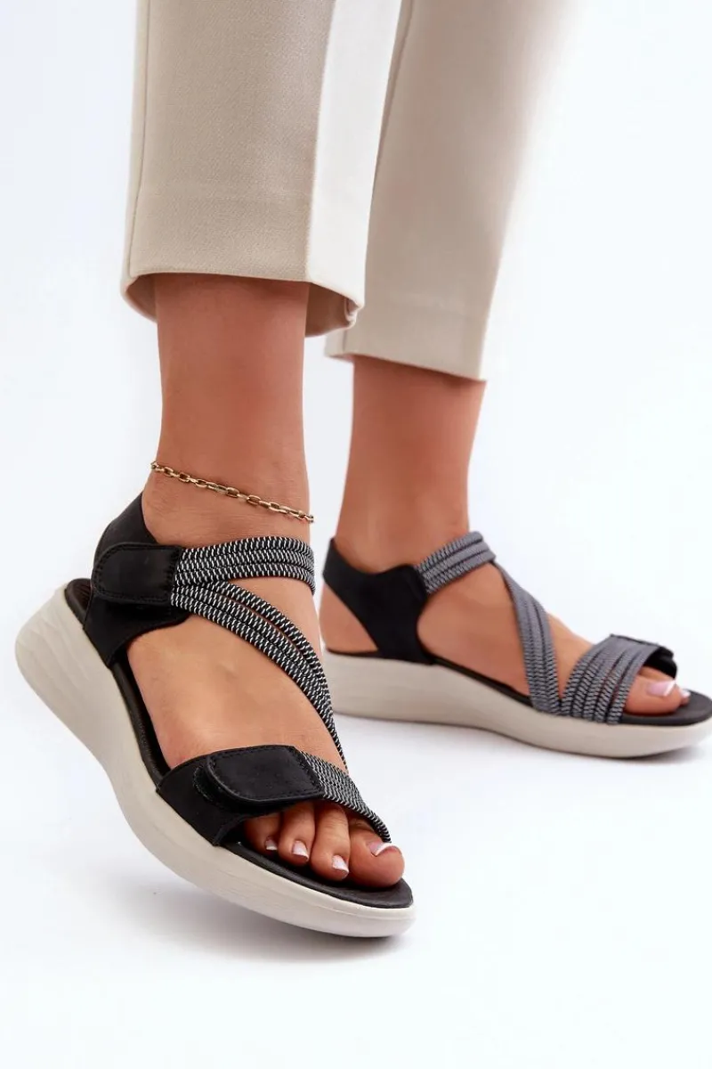 Sandały Płaskie>Evento Damskie Wygodne Sandały Na Rzep Czarne Eladora