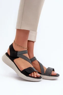 Sandały Płaskie>Evento Damskie Wygodne Sandały Na Rzep Czarne Eladora