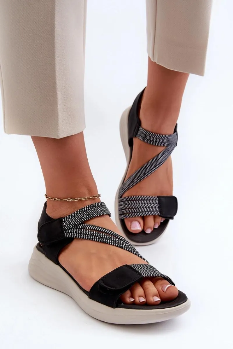 Sandały Płaskie>Evento Damskie Wygodne Sandały Na Rzep Czarne Eladora