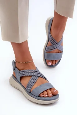 Clearance Damskie Wygodne Sandały Na Rzep Niebieskie Eladora Damskie Sandały Płaskie