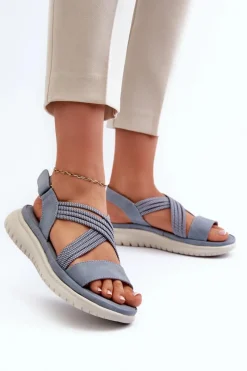 Clearance Damskie Wygodne Sandały Na Rzep Niebieskie Eladora Damskie Sandały Płaskie
