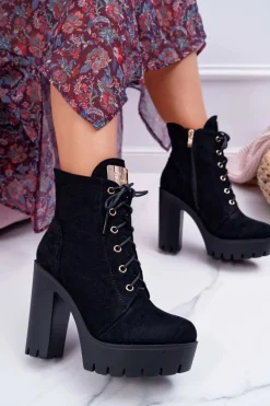 Hot Damskie Wysokie Botki Czarne Zamszowe Grunge Midow Damskie Botki Sznurowane|Botki Na Słupku