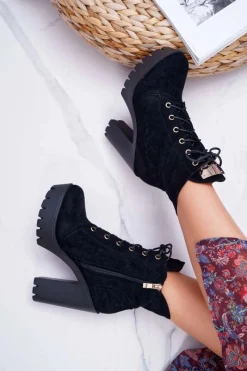 Hot Damskie Wysokie Botki Czarne Zamszowe Grunge Midow Damskie Botki Sznurowane|Botki Na Słupku