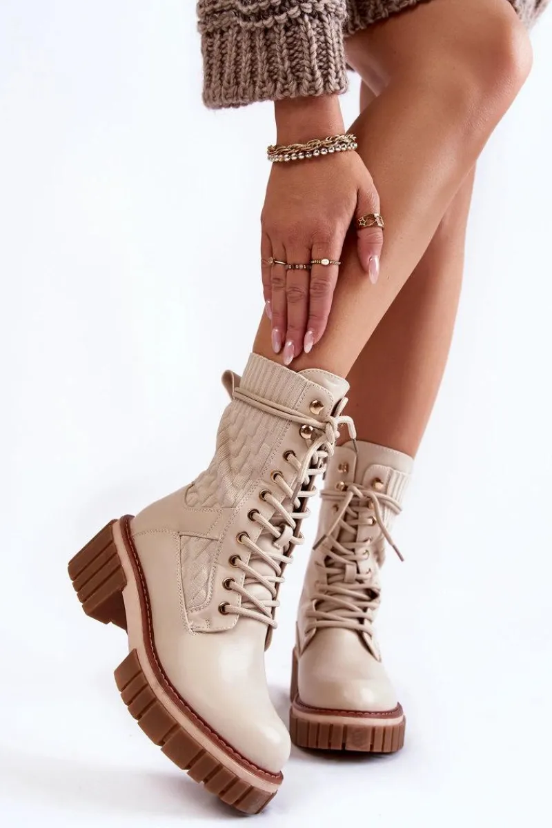 Botki Sznurowane|Botki Zimowe Damskie>Evento Damskie Wysokie Botki Glany Na Zamek Beżowe Enroe