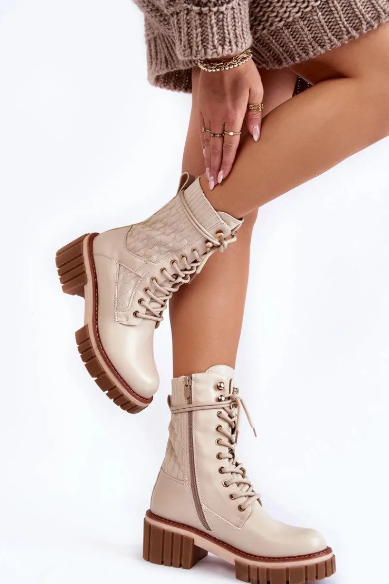 Botki Sznurowane|Botki Zimowe Damskie>Evento Damskie Wysokie Botki Glany Na Zamek Beżowe Enroe