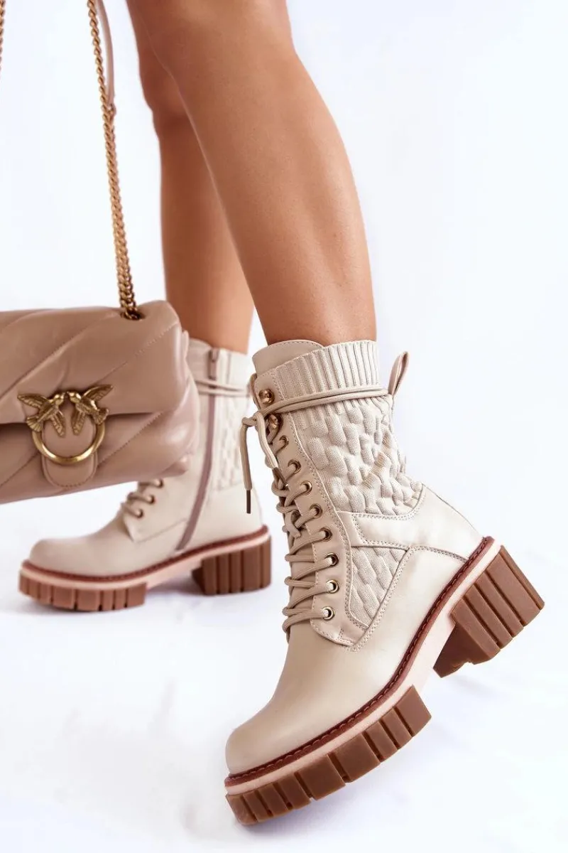 Botki Sznurowane|Botki Zimowe Damskie>Evento Damskie Wysokie Botki Glany Na Zamek Beżowe Enroe