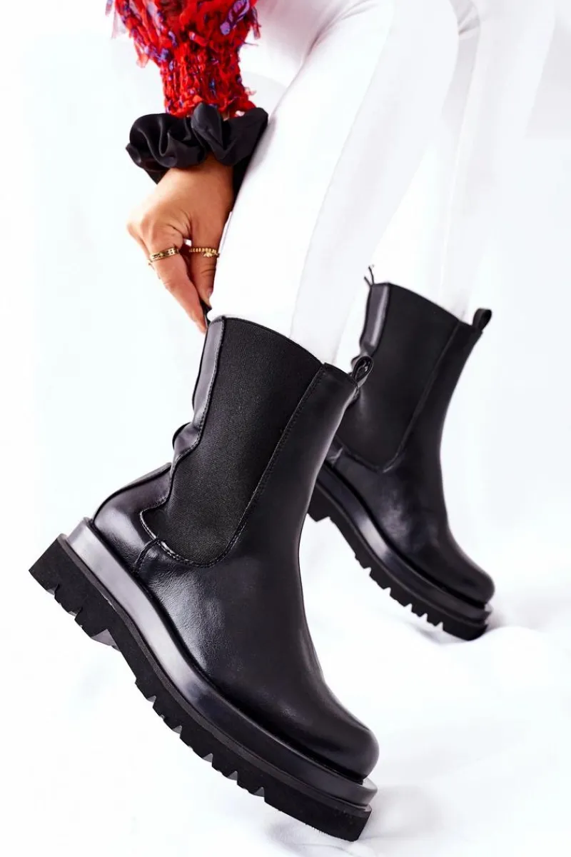 Czarne Botki|Botki Płaskie>Damskie buty S.Barski Damskie Wysokie Botki Sztyblety Czarne Belive