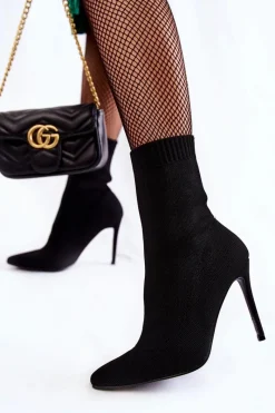 Sale Damskie Wysokie Botki Ze Skarpetą Na Szpilce Czarne Luisell Damskie Botki Wiosenne|Czarne Botki