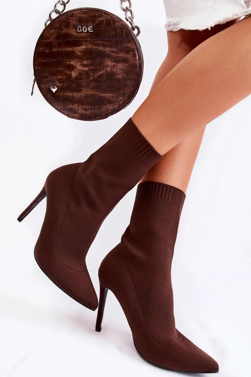 Botki Wiosenne|Brązowe I Beżowe Botki>Boto Damskie Wysokie Botki Ze Skarpetą Na Szpilce Brązowe Luisell