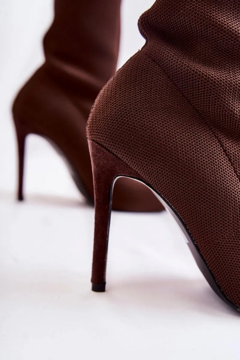 Botki Wiosenne|Brązowe I Beżowe Botki>Boto Damskie Wysokie Botki Ze Skarpetą Na Szpilce Brązowe Luisell