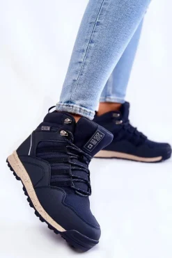Trekkingowe Damskie|Damskie Trapery>Big Star Shoes Damskie Wysokie Buty Trekkingowe Big Star KK274611 Granatowe